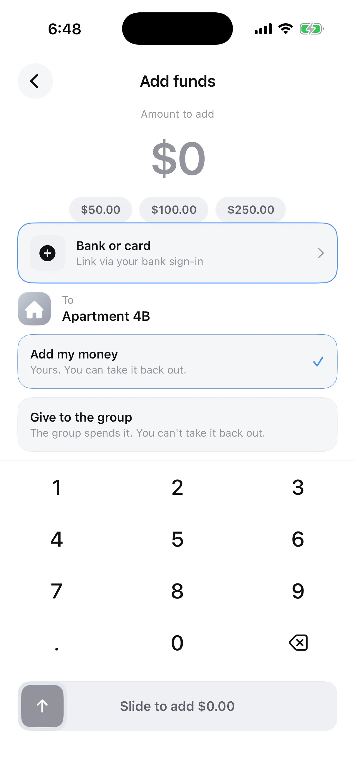 The Flint Add funds screen: an amount to add, quick $50, $100 and $250 buttons, the linked bank, and the group it is going to