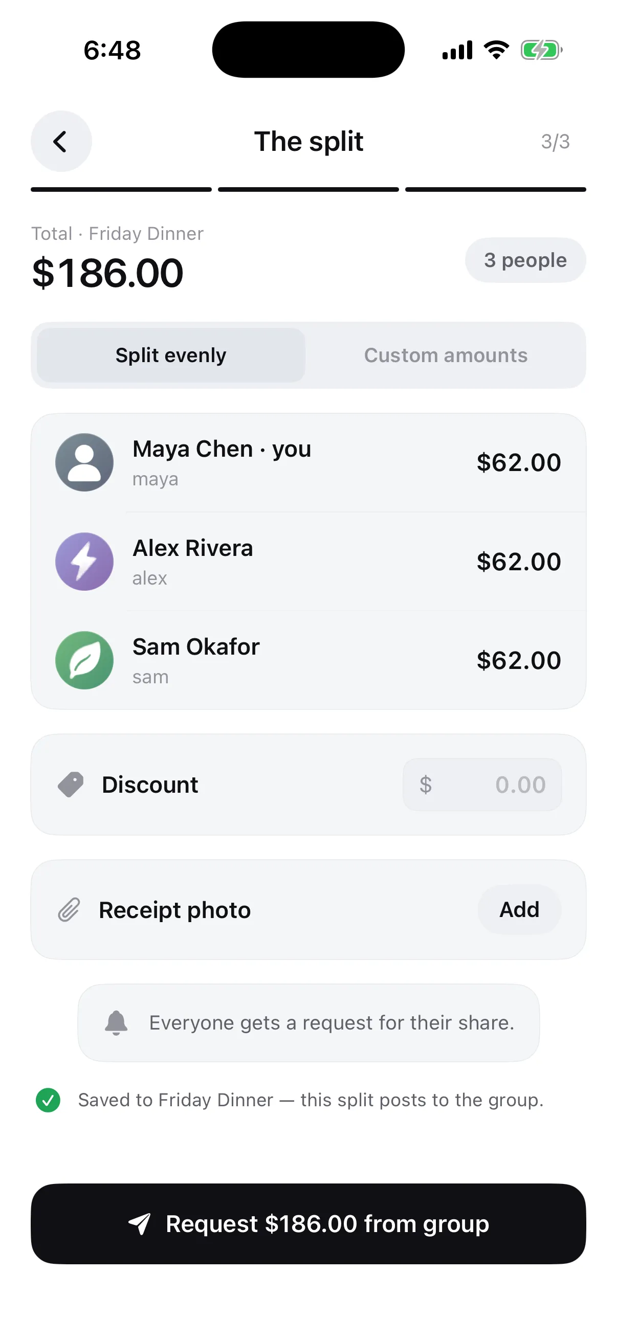 The Flint split review: a $186.00 dinner bill divided evenly between three people at $62.00 each, with the option to switch to custom amounts, add a discount or attach the receipt photo