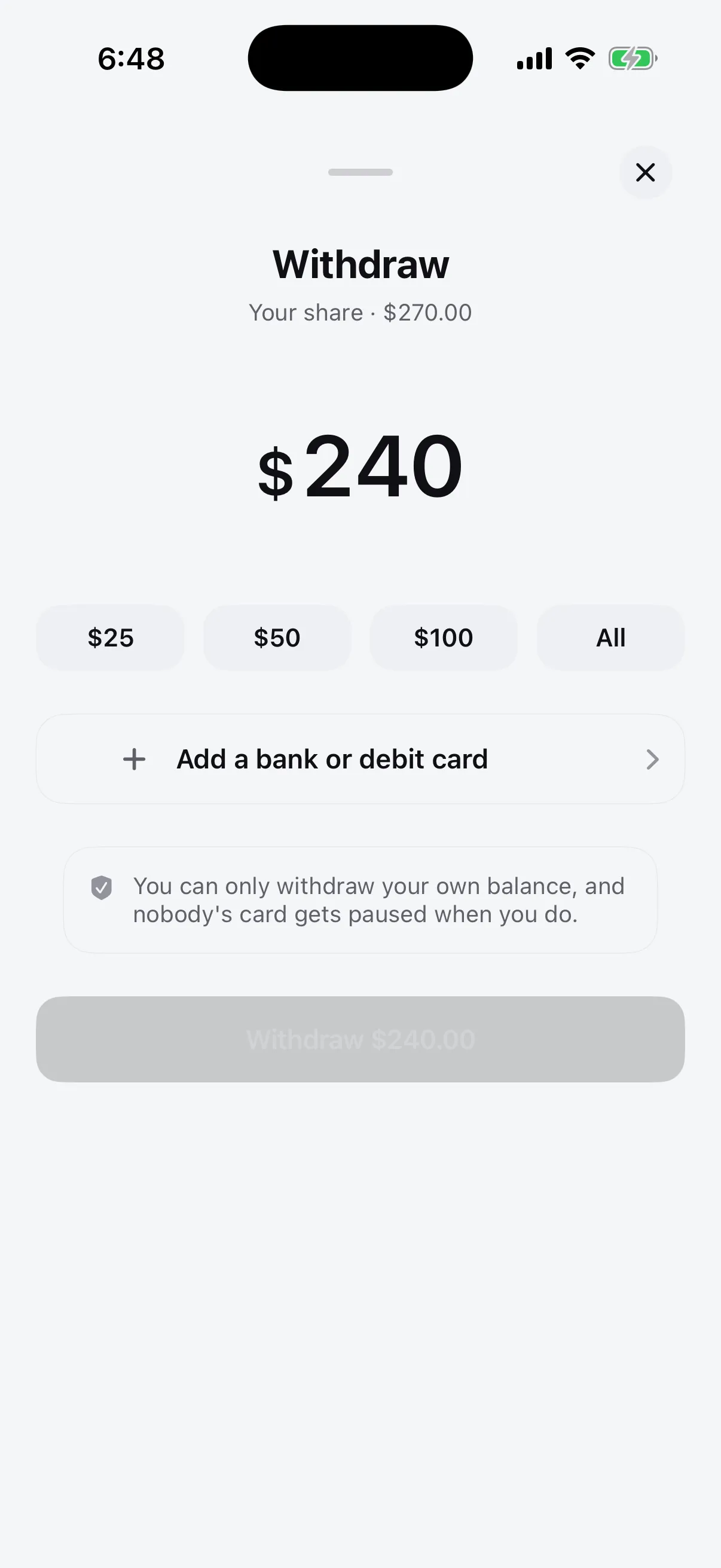 The Flint Withdraw screen: the amount to take out, quick amounts, the linked bank, and a note that you can only withdraw your own balance and nobody's card gets paused when you do