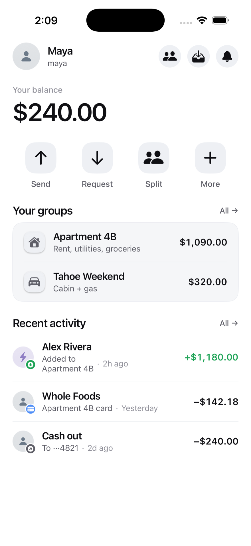 The Flint home screen showing your balance, quick actions to send, request and split, your groups, and recent activity